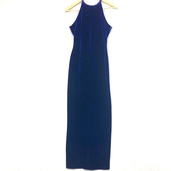 Vintage Niki Livas Blue Velvet Maxi Gown Dress Size 8 Lace Up Back Stretch Prom - Picture 1 of 16